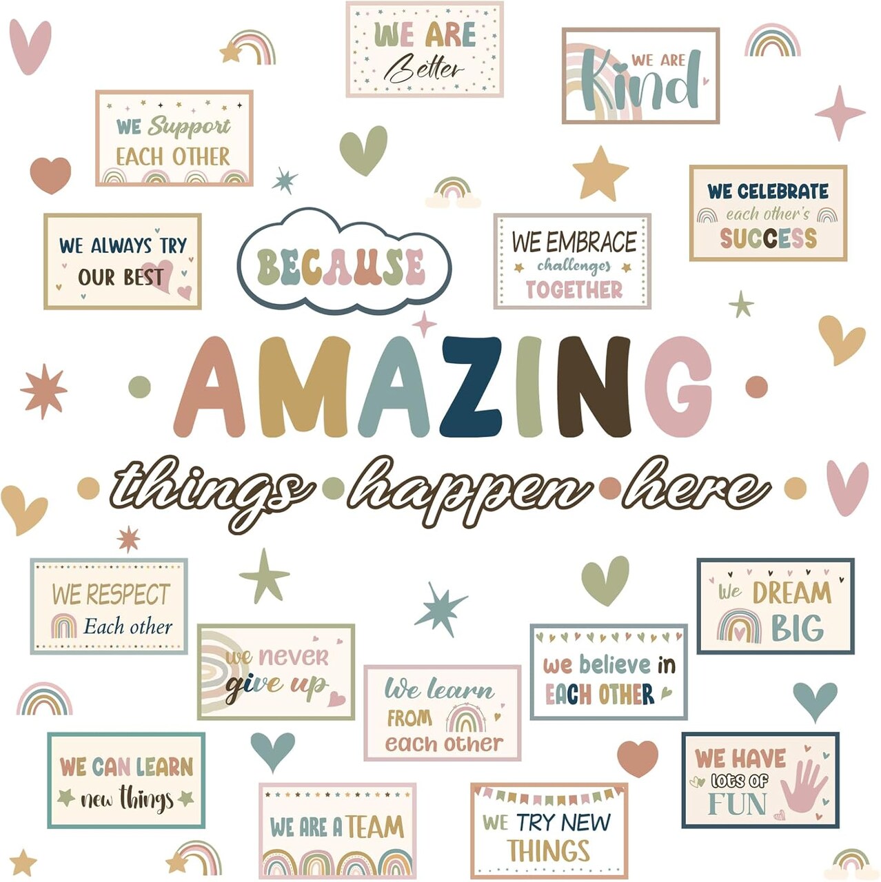 62 Pcs Classroom Boho Bulletin Board Decorations Amazing Things Happen Here Bulletin Board Positive Encouraging Paper Cutouts for Classroom School Elementary Home Office Wall Decor